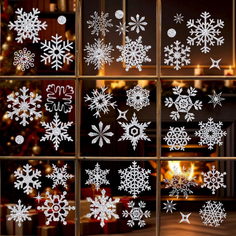 MAGLOGY Glitter Snowflake Window Clings 93Pcs, Christmas Silver Snowflake Window Clings, Xmas Glass Glitter Stickers Decals, Snowflakes, Winter Holiday Windows Decor for Festive Spirit Home Party - Image 1